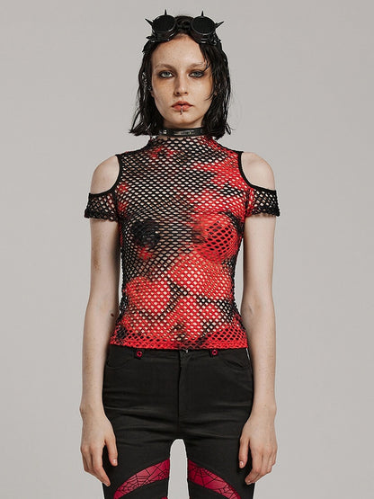 Black and Red Punk Tie-dyed Mesh Short Sleeve T-shirt