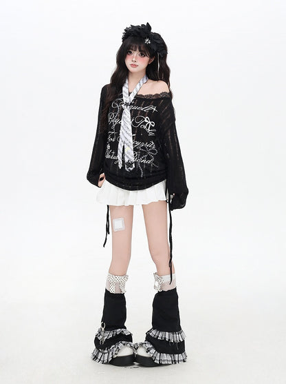 Black/White Asymmetrical Neckline Bow Print Distressed Holes Coverup