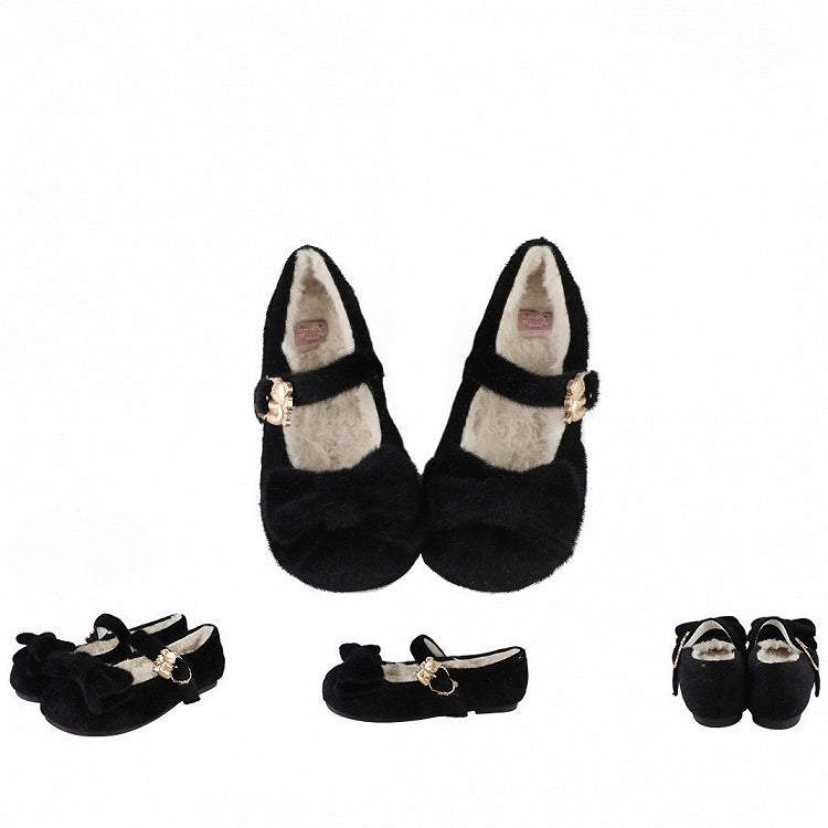 Thicken Version Sweet Black Lolita Flats for Winter - Bow at Top, Fleece Lining & Bear Decor Heart Buckle