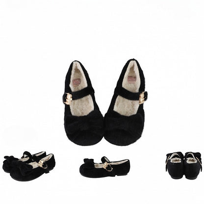 Thicken Version Sweet Black Lolita Flats for Winter - Bow at Top, Fleece Lining & Bear Decor Heart Buckle