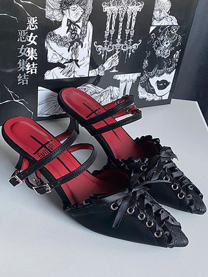 Black Lace-up Detail Pointed Toe Gothic Slingback Sandals