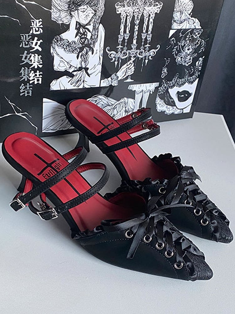 Black Lace-up Detail Pointed Toe Gothic Slingback Sandals