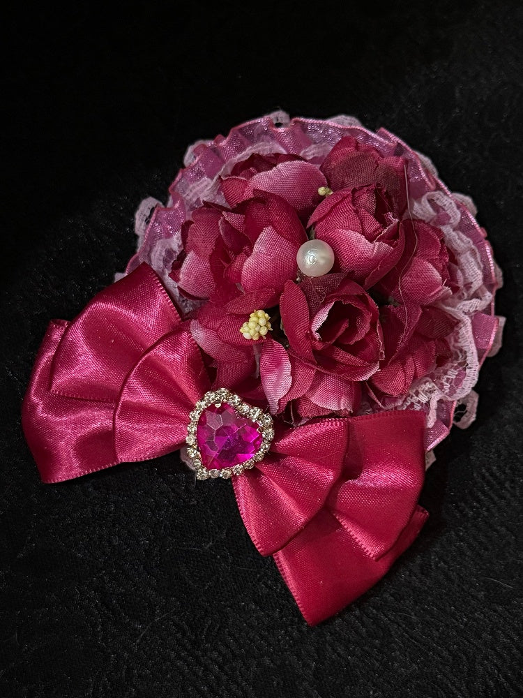 Rose Red Floral Design Rhinestone Decorated Bowknot Hairclip