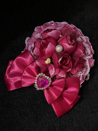Rose Red Floral Design Rhinestone Decorated Bowknot Hairclip