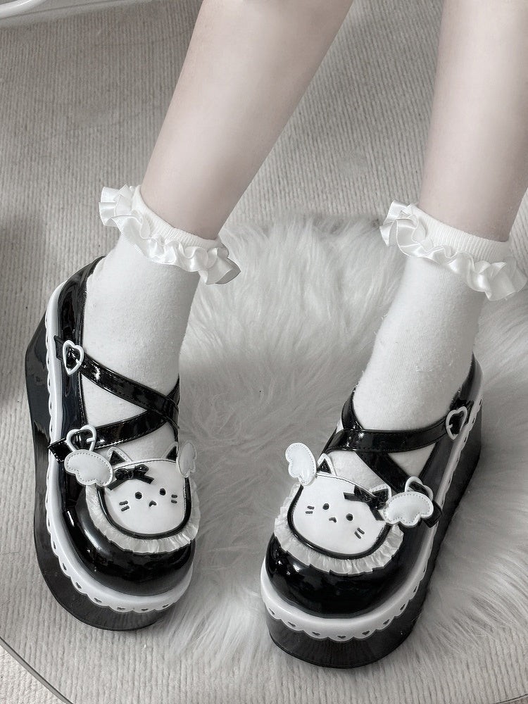 Black Round Toe Kitty Angel Heart Buckle Platform Lolita Shoes
