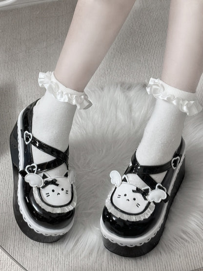 Black Round Toe Kitty Angel Heart Buckle Platform Lolita Shoes
