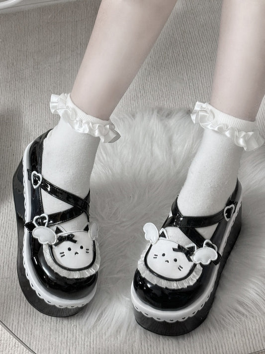 Black Round Toe Kitty Angel Heart Buckle Platform Lolita Shoes
