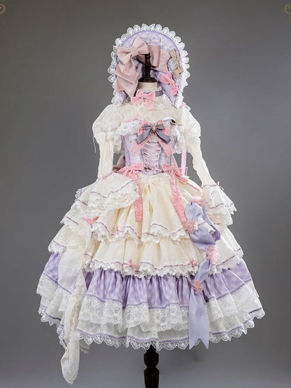 Purple and Pink Boned Corset Top + Tiered Skirt Gorgeous Hime Lolita Full Set