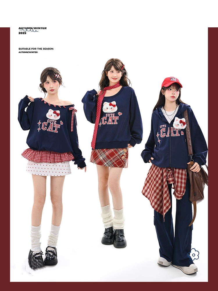 Red Plaid Self-tie Straps at Asymmetrical Neckline Kitty Embroidery Applique Navy Blue Sweatshirt
