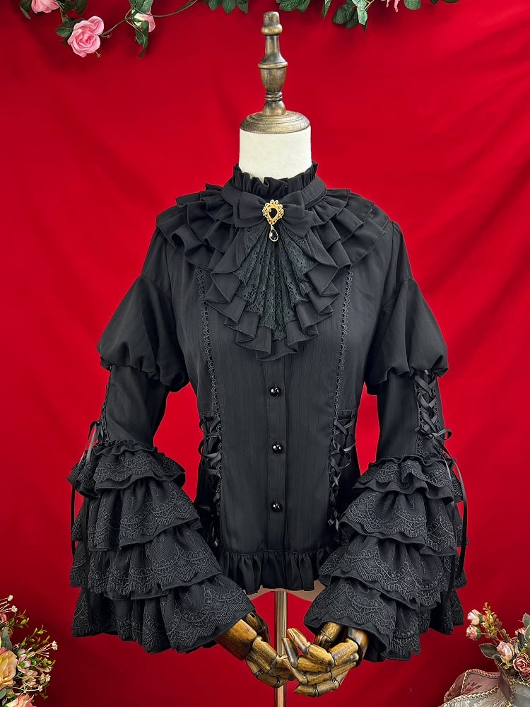 Black Ruffle Neckline Layered Bell Sleeves Kuro Gothic Lolita Shirt with Jabot Tie