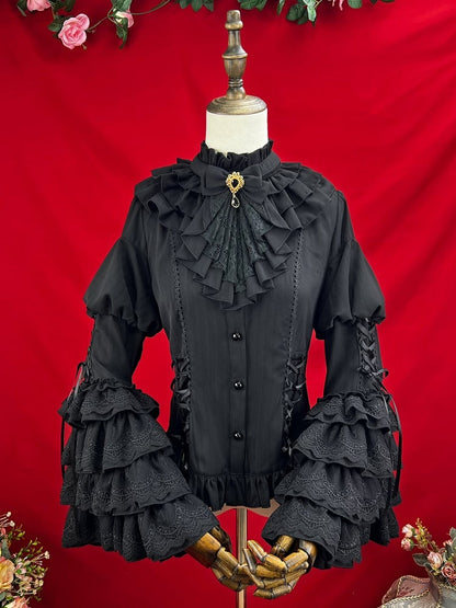 Black Ruffle Neckline Layered Bell Sleeves Kuro Gothic Lolita Shirt with Jabot Tie