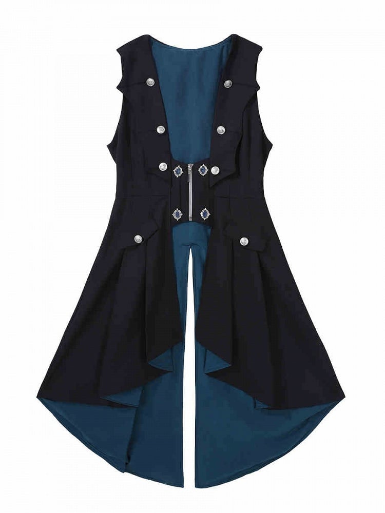 Clearance-Size L for Waist 84CM Black Bat Wings Shape Collar Ouji Lolita Blue Lining Long Waistcoat
