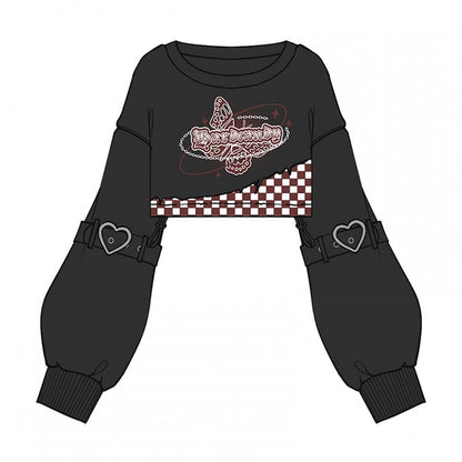 Plus Size Checked Pattern Black and Red Cropped Sweat Shirt / Red Halter Neck Top