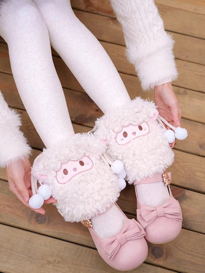White Plush Lamb Leg Warmers With Pompon