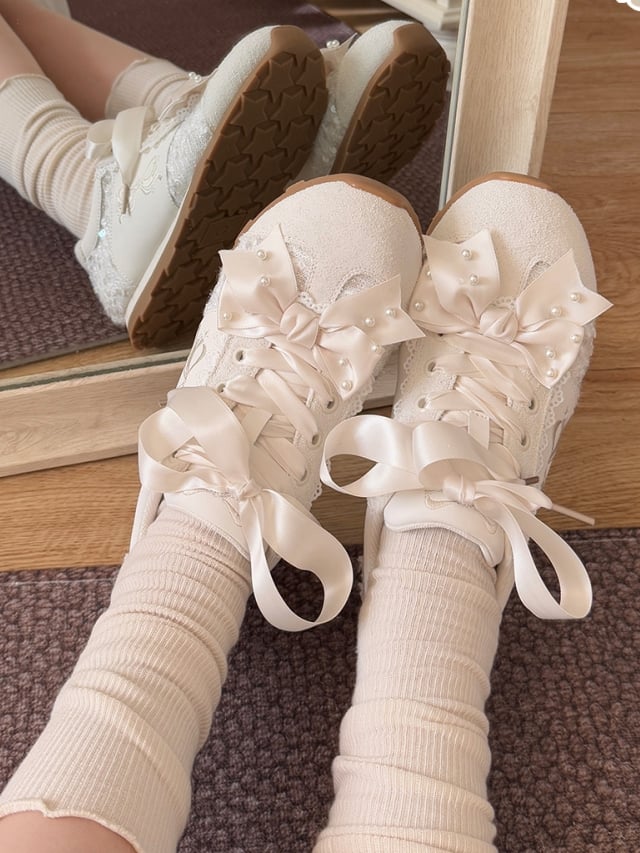 Pink Sequins Details Beaded Decorated Bowknot Sneakers