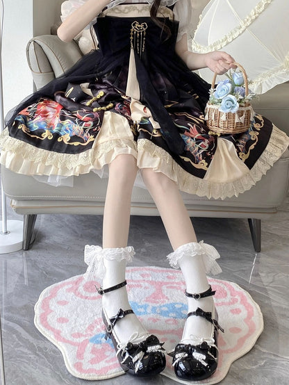 Black Ruffle Trim Decorated Bow at Top 3.5CM Sweet Lolita Block Heel Mary Janes