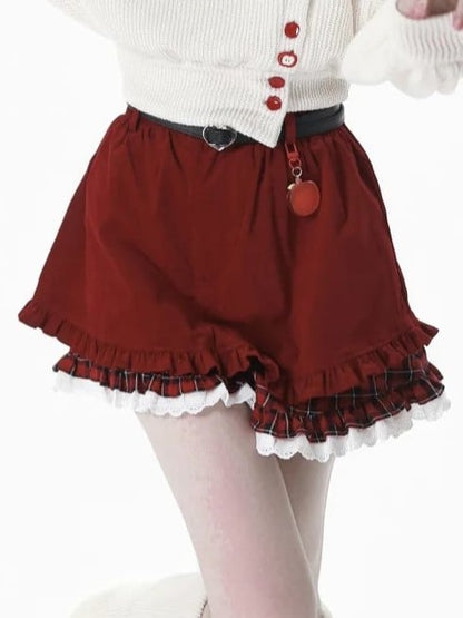 Red Plaid Cuff Shorts with Ruffled Lace Trim