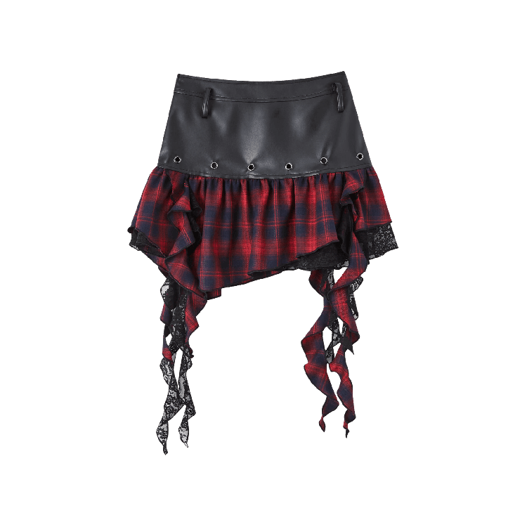 Y2K Asymmetrical Ruffled Red Plaid Hem Black PU Punk Skirt