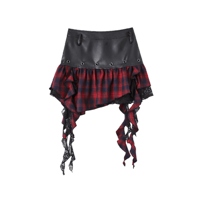 Y2K Asymmetrical Ruffled Red Plaid Hem Black PU Punk Skirt