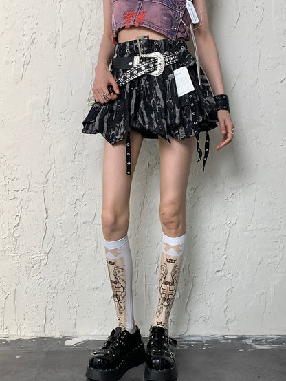 White Y2K Cross And Bowknot Print Underknee Stockings