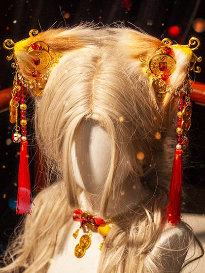 Gold Cheongsam Style Tassel Charm Cat Ear Hairclips