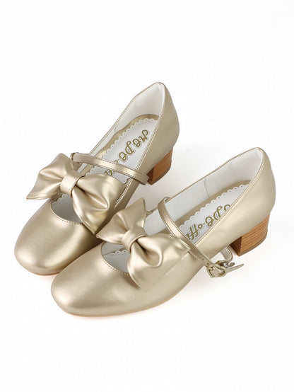 Mid-heel Golden Mary Janes with Mid-heel - Bow at Top & Heart Buckle