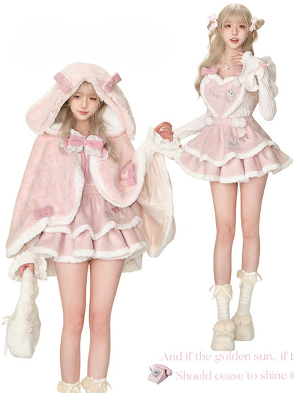Fluffy Pink Overall Tiered Skirt with Embroidered Sweet Bunny and Heart Front Panel