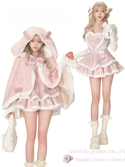 Sweet Plush Pink Bunny Ear Cape with Lace and Bow Accents