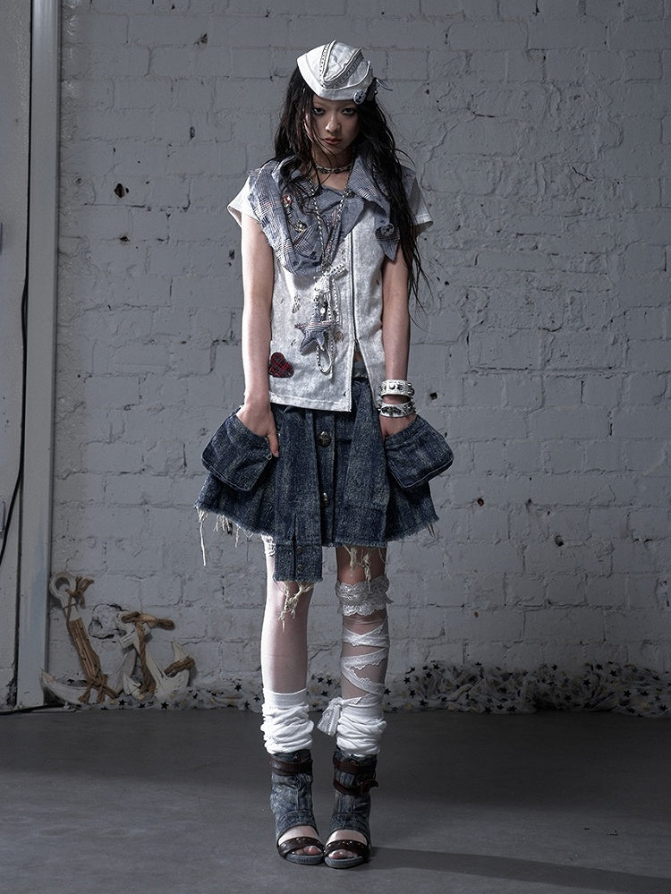 Blue and White Plaid Distressed Holes Navycore Zipper T-shirt Faux Two-pieces