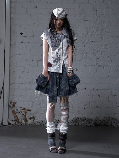 Blue and White Plaid Distressed Holes Navycore Zipper T-shirt Faux Two-pieces