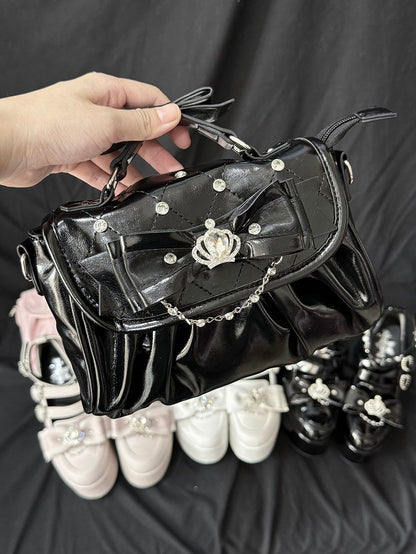 Black Jirai Kei Crossbody Bag - Interchangeable Rhinestone Strap & Crown Bow with Heart Bag
