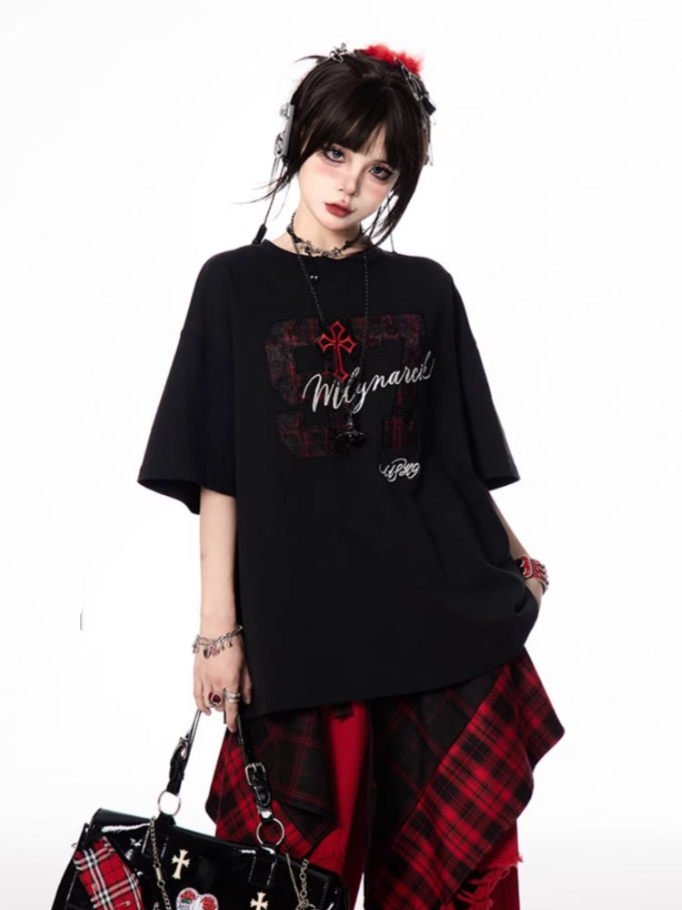Letter and Number Print Black Round Neck Oversize T-shirt