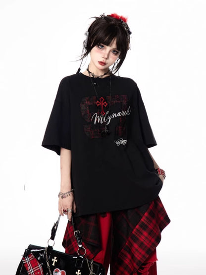 Letter and Number Print Black Round Neck Oversize T-shirt