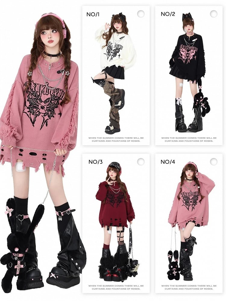 Rose Pink Gothic Distressed Holes Butterfly Sweater with Studs and Chains