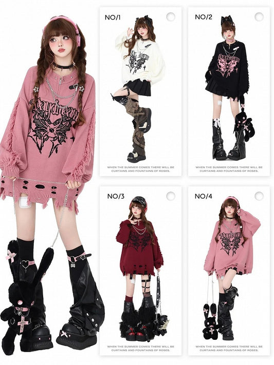 Rose Pink Gothic Distressed Holes Butterfly Sweater with Studs and Chains