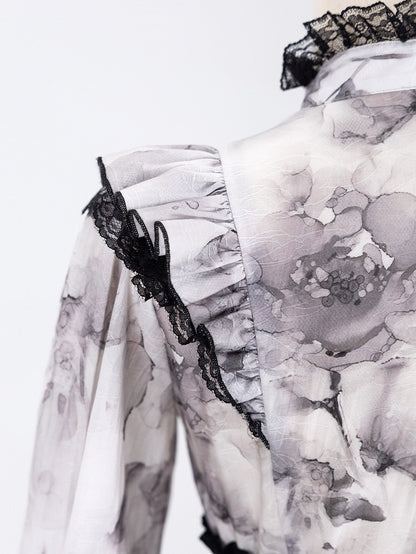 Elegant Gray Floral Jirai Kei Blouse