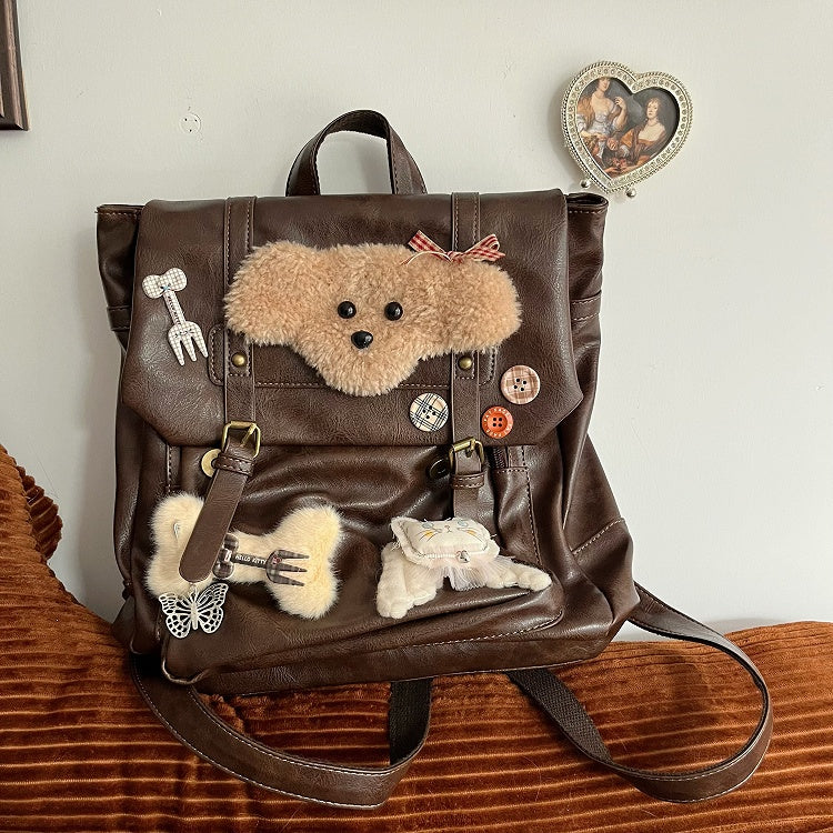 Vintage Brown Y2K Backpack | Preppy Style with Fold-Over Flap & Plush Puppy