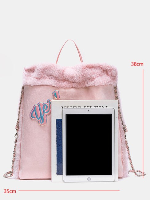 Fluffy Letter-Embellished Pink Backpack with Chain Straps and Holographic Star Accents