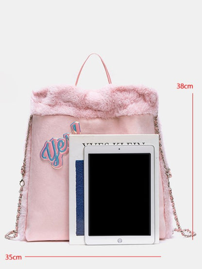 Fluffy Letter-Embellished Pink Backpack with Chain Straps and Holographic Star Accents