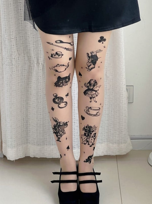Nude Alice In Wonderland Vibes Tights With Clock And Bunny Print