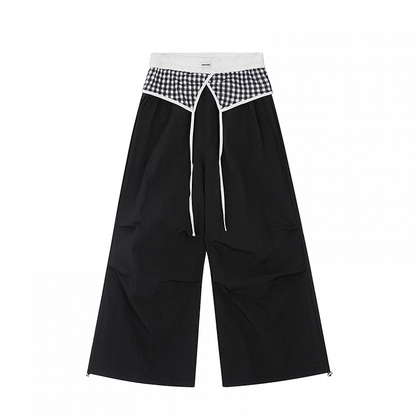 Plaid Patchwork Waist Drawstring Cuffs Black Wide-leg Casual Pants