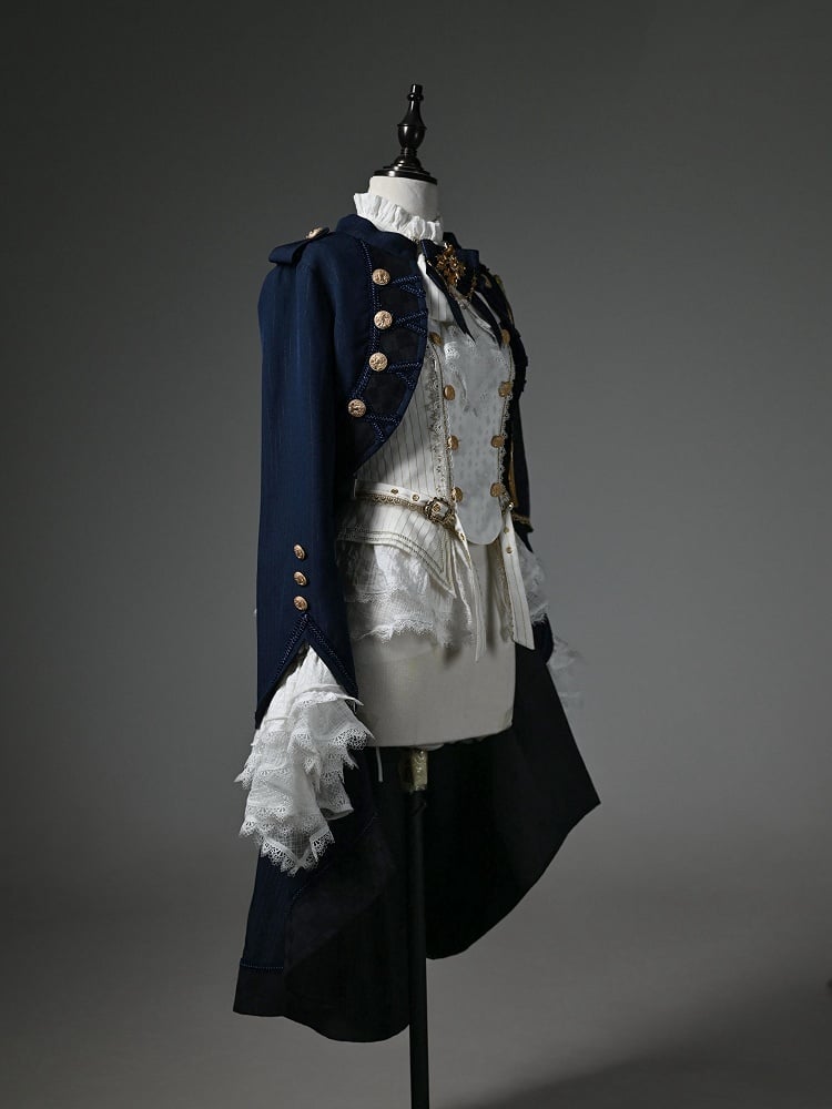 Ouji Fashion Lolita Knight Outfit - White Long Sleeves Top + Dark Blue One-shoulder Cape Tailcoat
