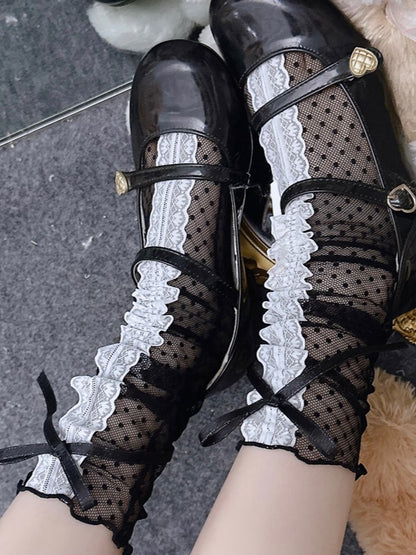 Black/White Bowknot Details Polka-dot Pattern Semi-sheer Calf Socks With Lace Trim