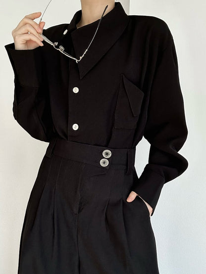 Ouji Lolita Vintage Black Fold-Over Collar Shirt with Buttoned Placket