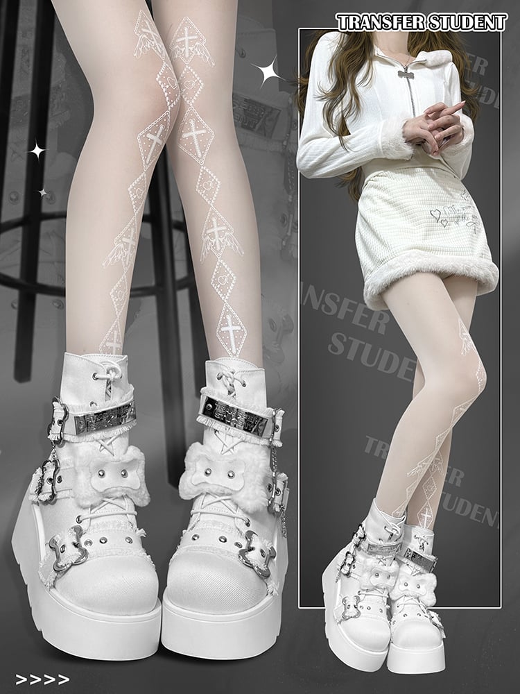 Buckle Straps Plush Bone Decorated Denim White Punk Platform Boots