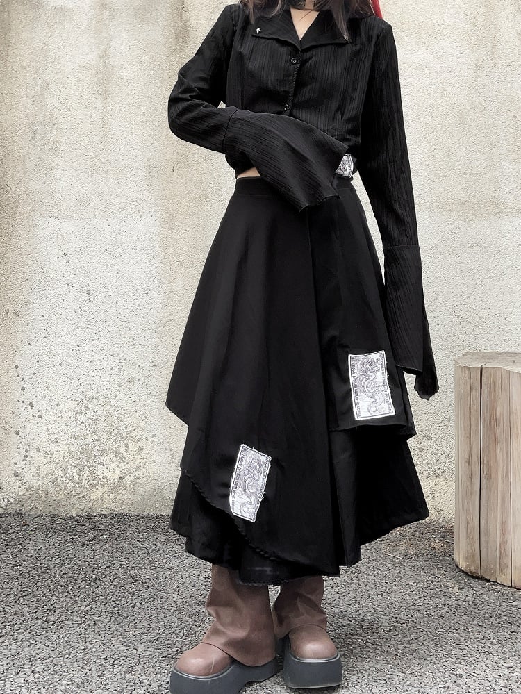 Black Notched Collar Bell Sleeves Punk Appliques Asymmetrical Shirt