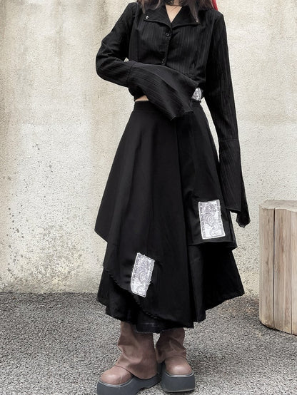 Black Notched Collar Bell Sleeves Punk Appliques Asymmetrical Shirt