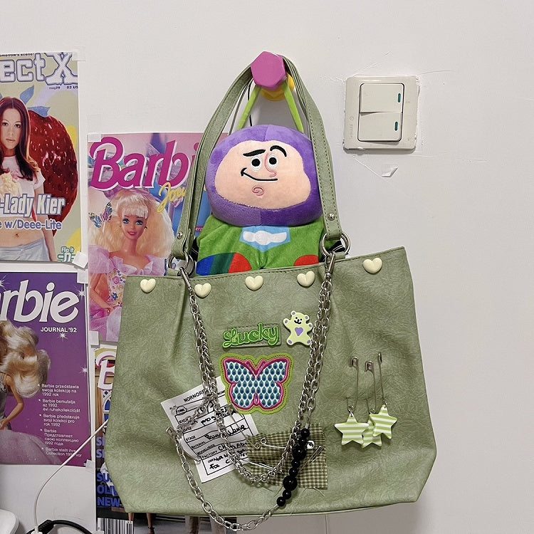 Green Y2K Vintage Style Shoulder Bag with Butterfly Applique & Metal Chain Strap