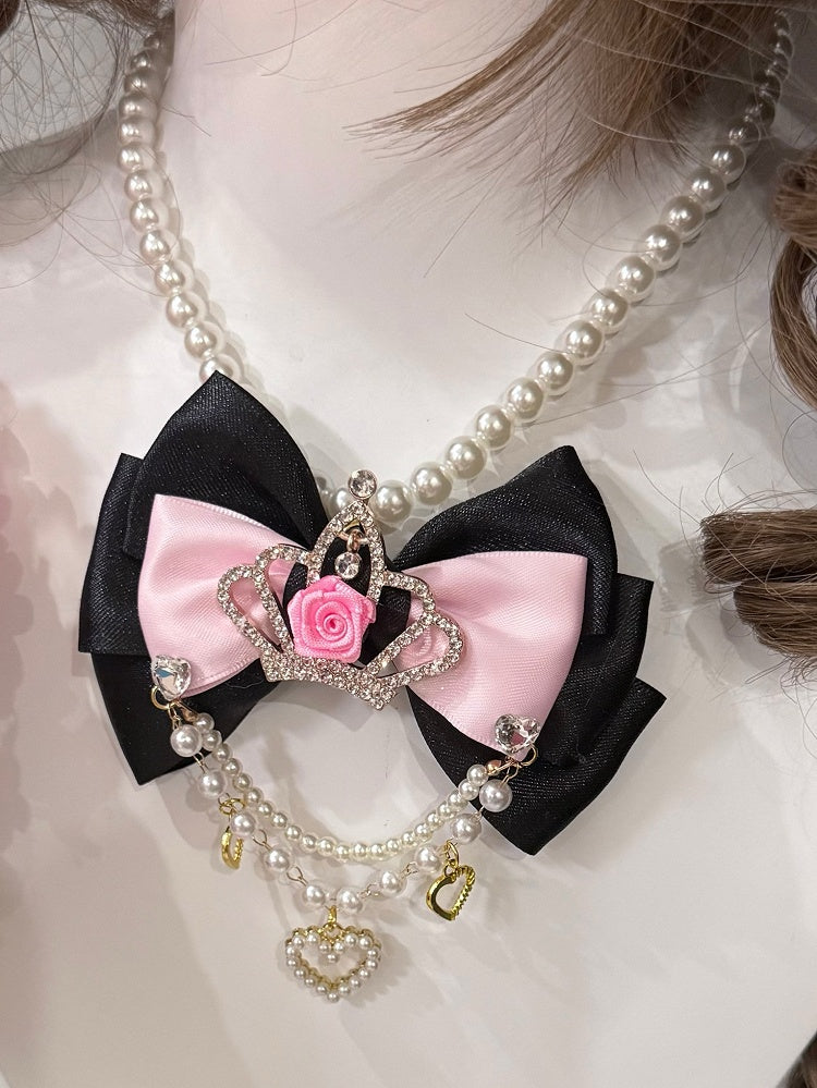 Black/Pink Rhinestone Crown Decorated Bowknot And Heart Pendant Beaded Necklace
