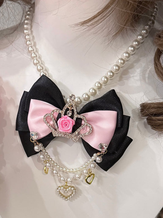 Black/Pink Rhinestone Crown Decorated Bowknot And Heart Pendant Beaded Necklace